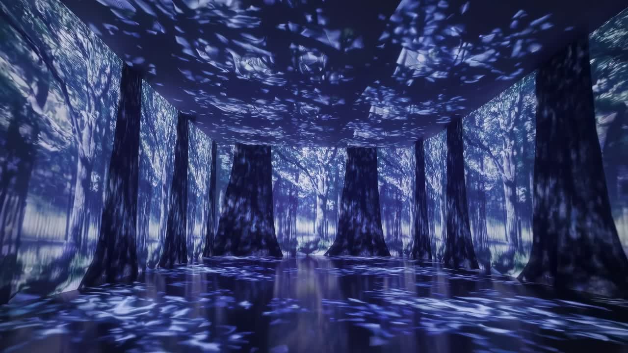 Immersive video art installation with a forest theme, captured from a low angle, creating a surreal