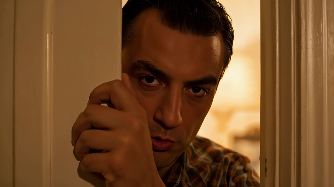 Approaching man peering through opened door, gripping door edge, in plaid shirt, trying to listen