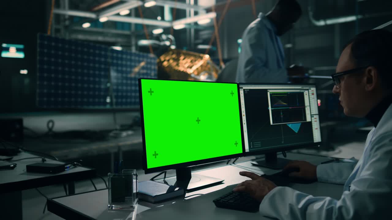 남성 엔지니어는 위성을 분석하기 위해 녹색 화면 모형 디스플레이 컴퓨터를 사용합니다. 항공 우주 기관 제조 시설: 과학자들은 우주 탐사 임무를 위해 우주선을 개발하고 조립합니다.