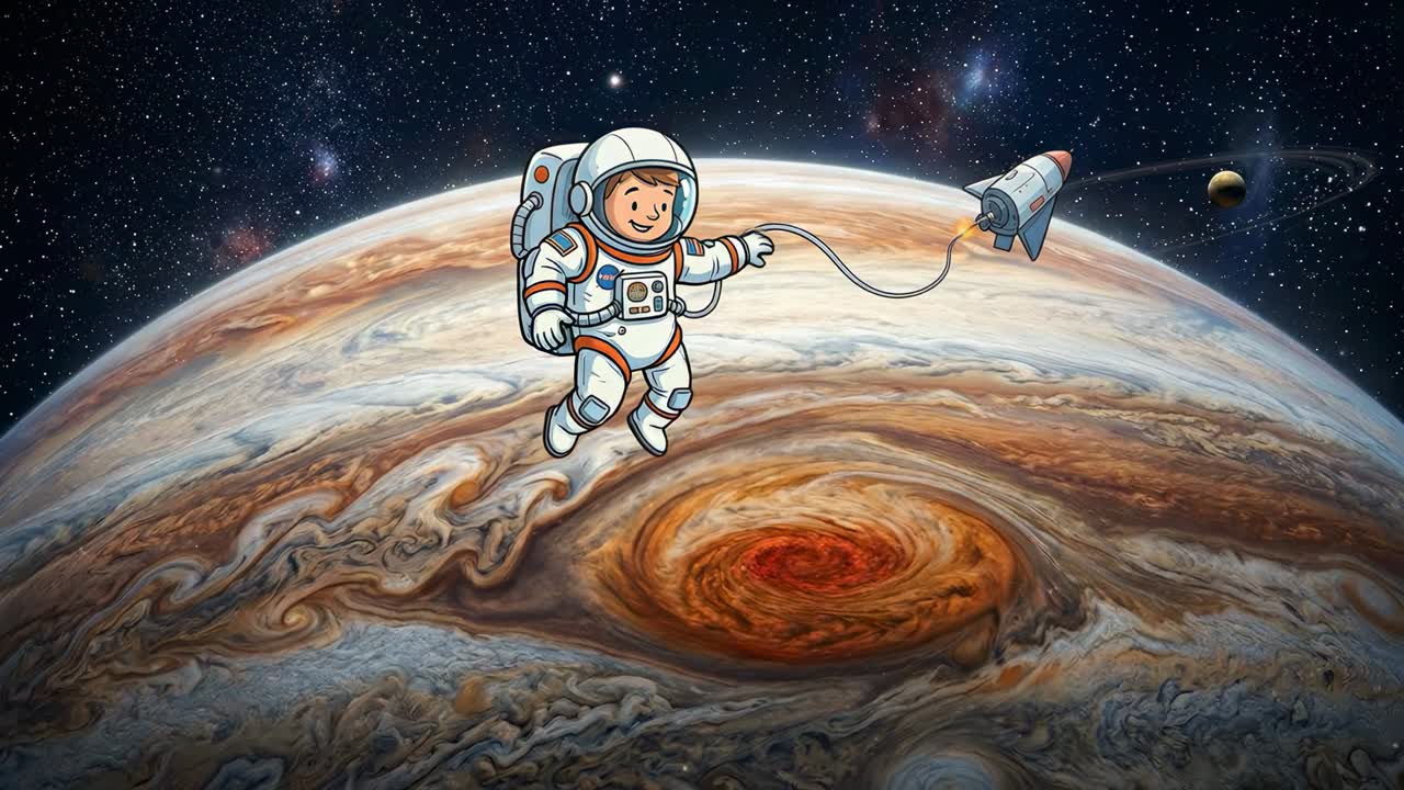 Tegneserieastronaut svæver over Jupiter med en raket.