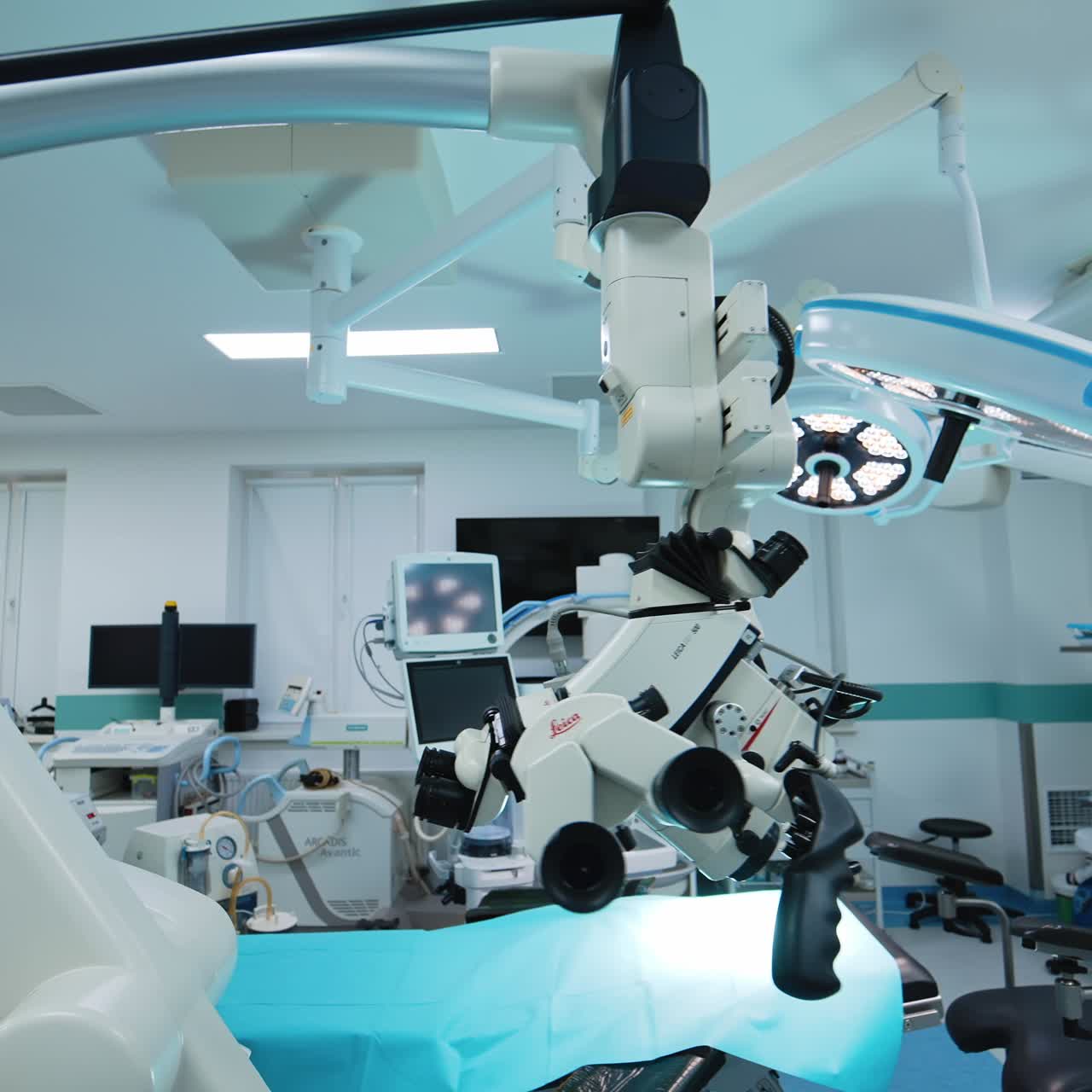 Innovative technological medical equipment in the surgery room. Operational theatre for neurosurgeries in modern clinics