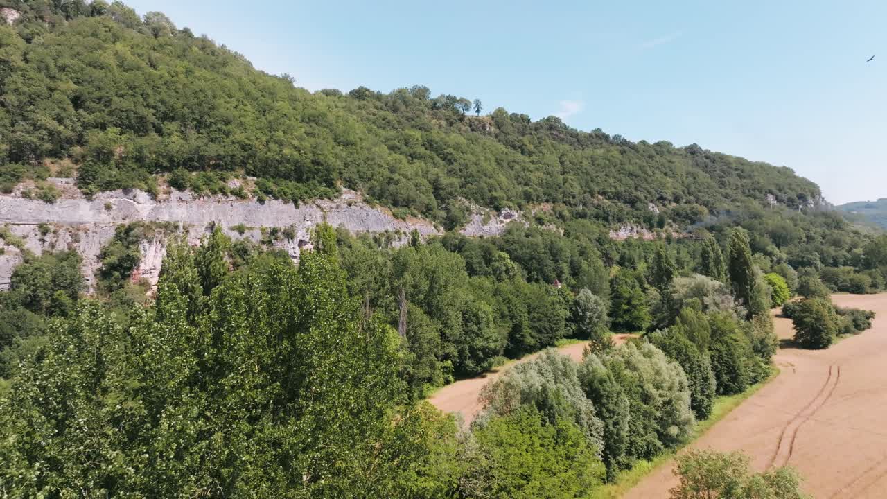 avión no tripulado disparado sobre el bosque con humo de un tren de vapor en el bosque, vista aérea en verano, mucho, francia