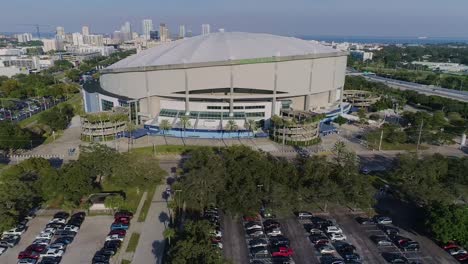 4K-Aerial-Drone-Video-of-Tropicana-Field-and-Full-Parking-Lots-next-to-Interstate-275-in-Downtown-St