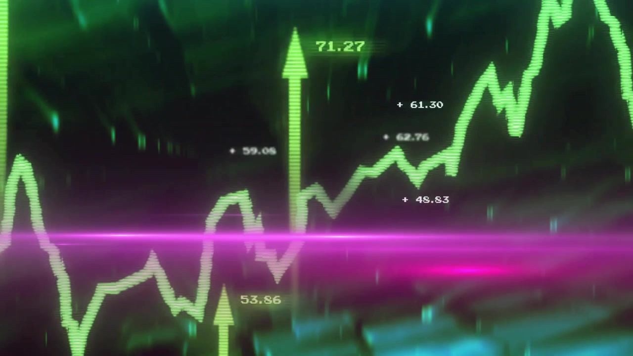 Green line chart oscillating at peaks spawning arrows highlighting uptrend with magenta scan beam
