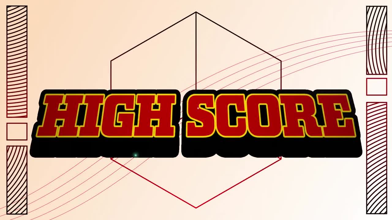Animation of high score text over geometrical shapes on white background