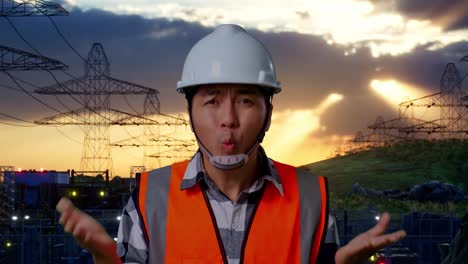 close up of wondering asian male engineer with safety helmet saying why working doubtfully near high voltage tower