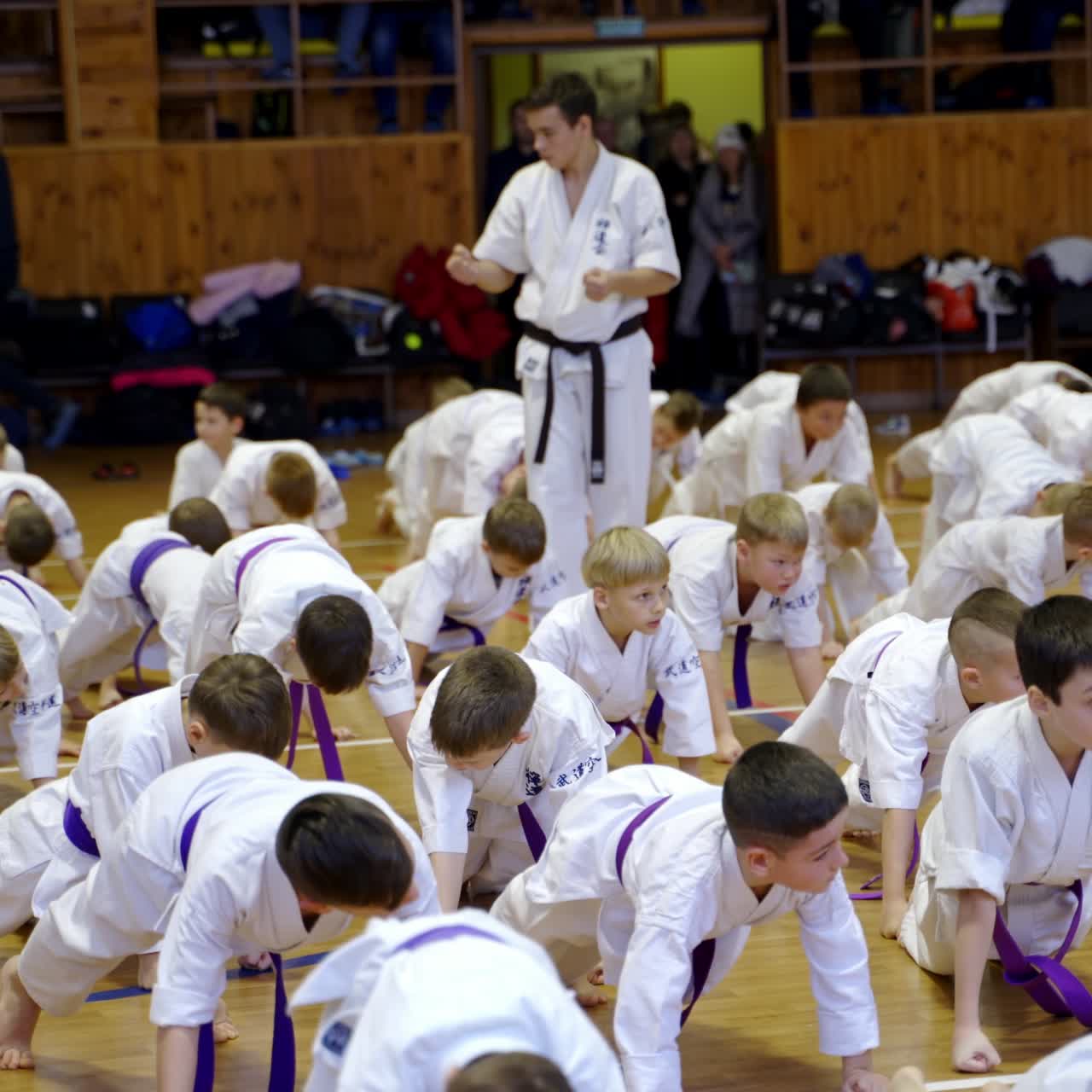 Karate master class for teenage children. Young athletes doing push-ups in the gym. Coach walking between the trainees and watching sportsmen