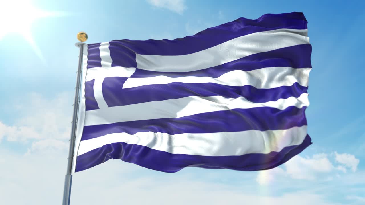 bandera de grecia ondeando en el viento contra el cielo azul profundo. tema nacional, concepto internacional. 3d render ciclo sin costuras 4k