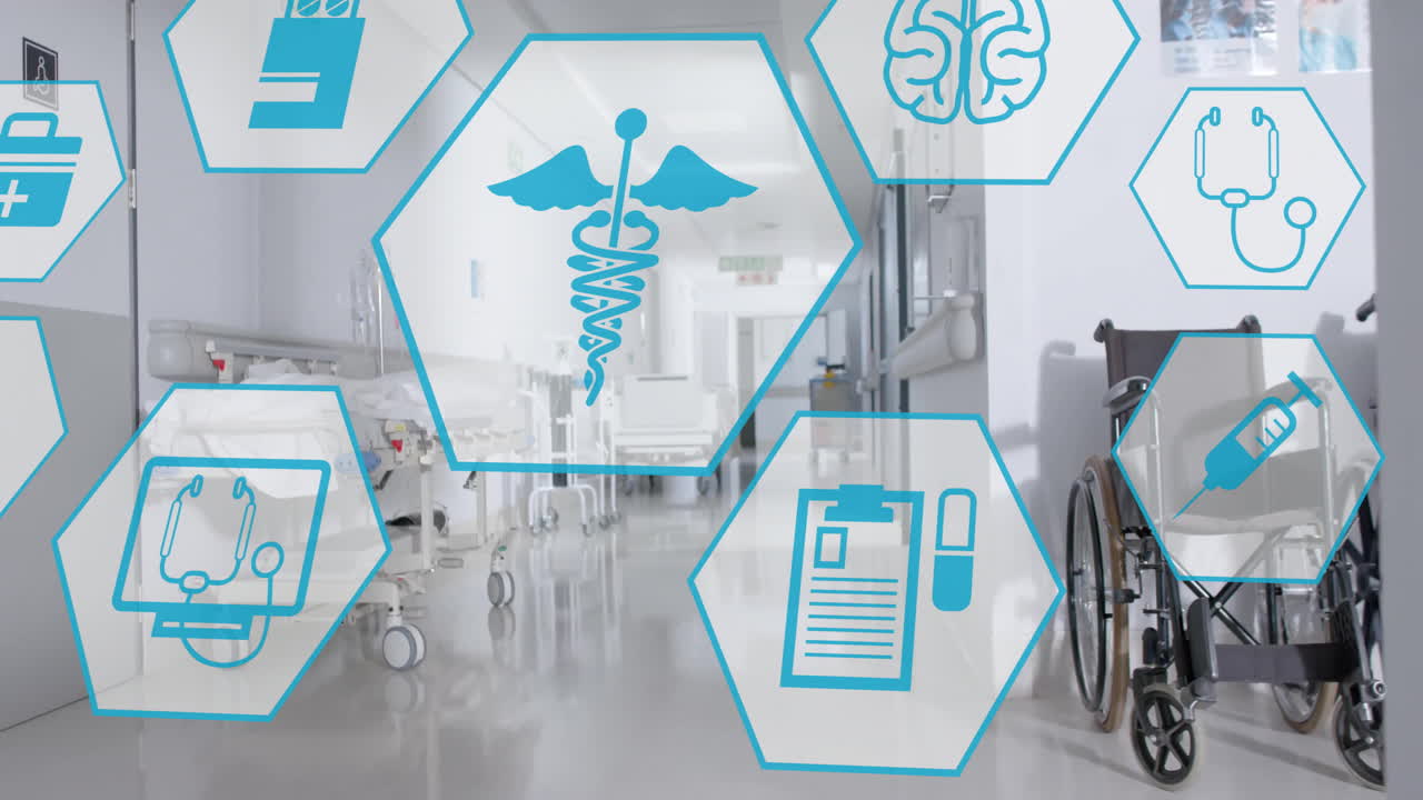 Animation of medical icons over empty hospital corridor