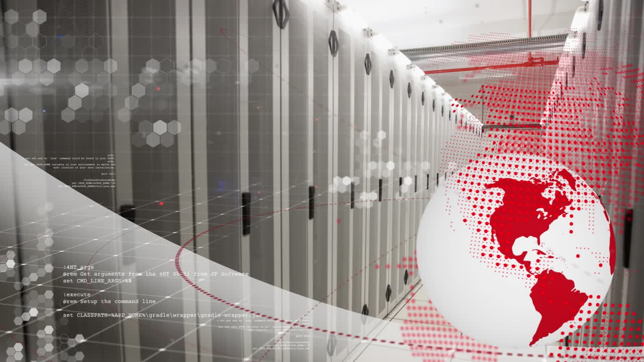 animación del procesamiento de datos y el globo sobre la sala del servidor