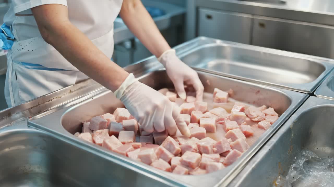 Preparing cubed meat in a commercial kitchen