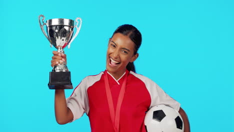 sports winner, trophy and excited woman