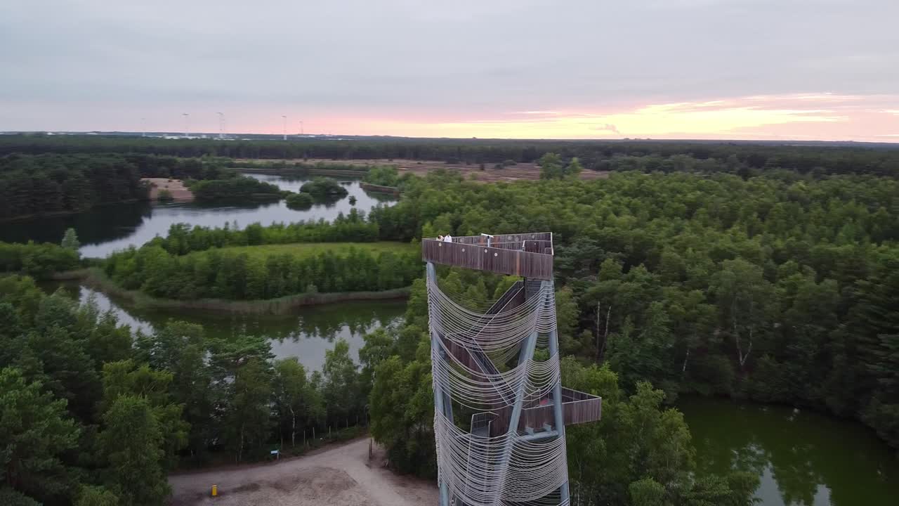 Drone shot of the sahara tower and nature park in Lommel, Belgium.