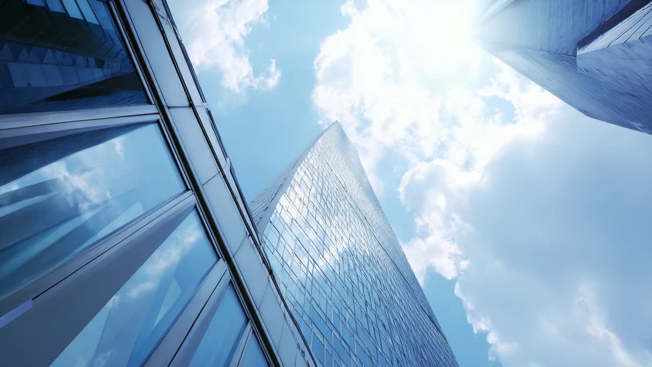 Uma perspectiva impressionante de arranha-céus imponentes que se estendem em direção ao céu azul brilhante, refletindo nuvens suaves e a luz do sol, criando uma atmosfera urbana cativante repleta de beleza arquitetônica e design moderno