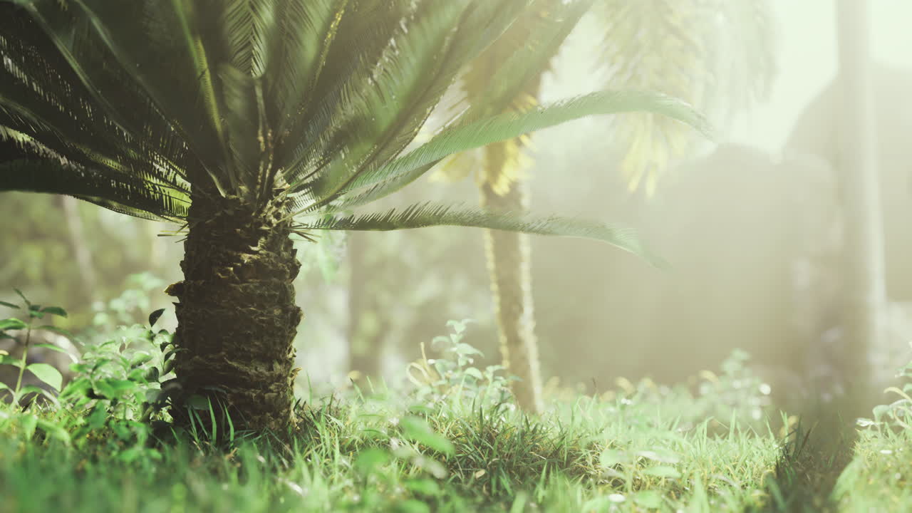Beautiful palm tree under soft sunlight with lush greenery around