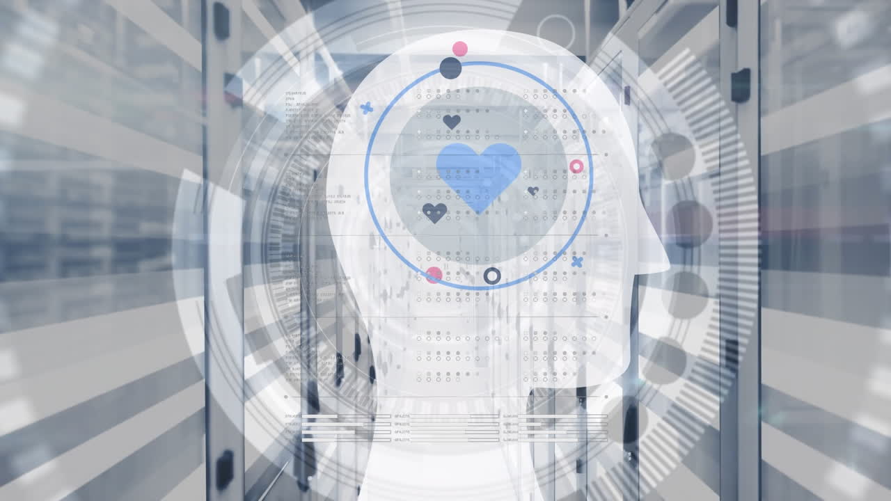 서버 방 위에 심장과 원을 가진 머리의 애니메이션