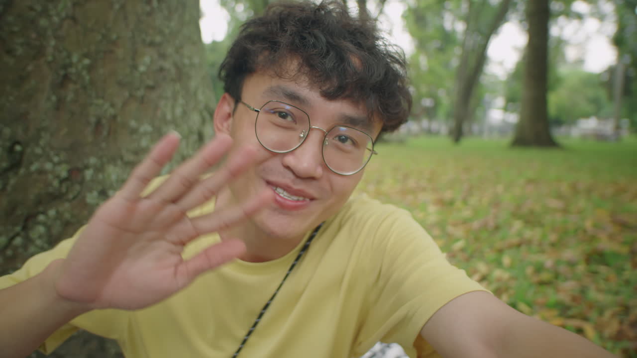 Young Asian Man Chatting on Web Call in Park