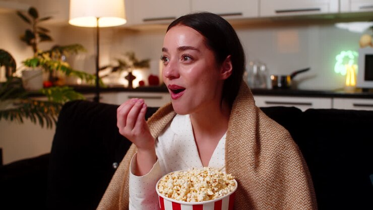 Giovane donna avvolta in un plaid che mangia popcorn, guarda una commedia in TV, ride e commenta: serata comoda e accogliente