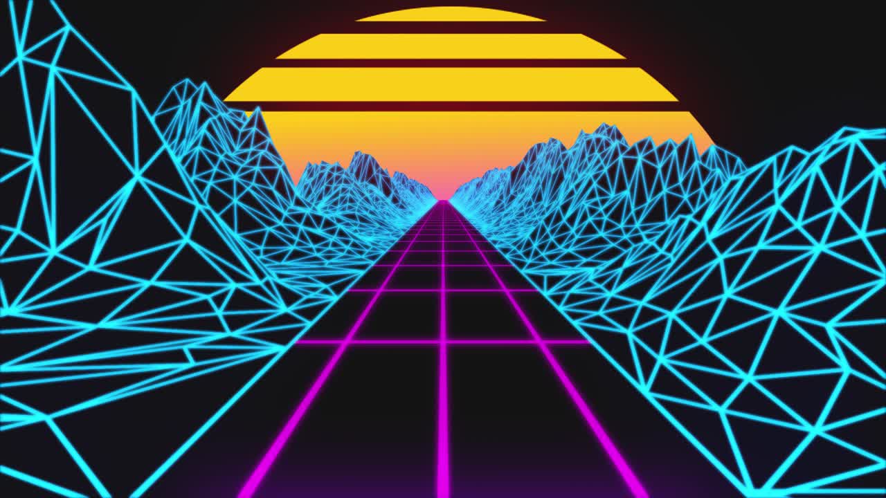 paisaje de horizonte de retroonda con luces de neón y terreno de bajo poli. animación de bucle de fondo retro de los años 80