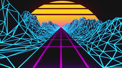 paisaje de horizonte de retroonda con luces de neón y terreno de bajo poli. animación de bucle de fondo retro de los años 80