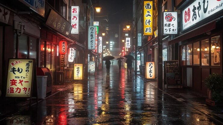 A Rainy Night in a Vibrant Urban Alley: Illuminated Signs Reflecting on Wet Pavement Create a Captivating Atmosphere in a Bustling City Scene