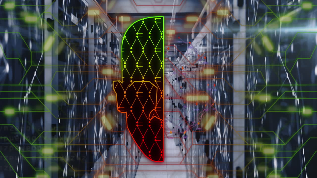 анимация человеческой головы, соединений и обработки данных через платку с микросхемами и серверы