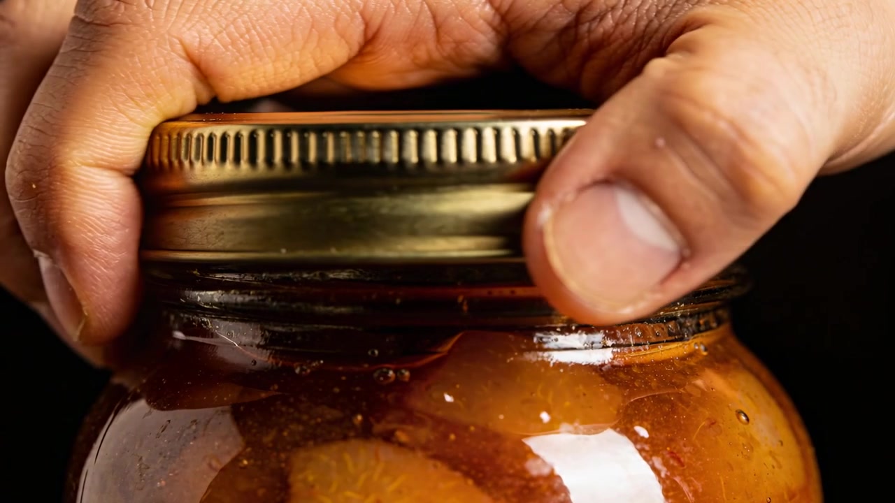 Settling adult hands gripping mason jar, twisting lid on counter, opening preserved fruit