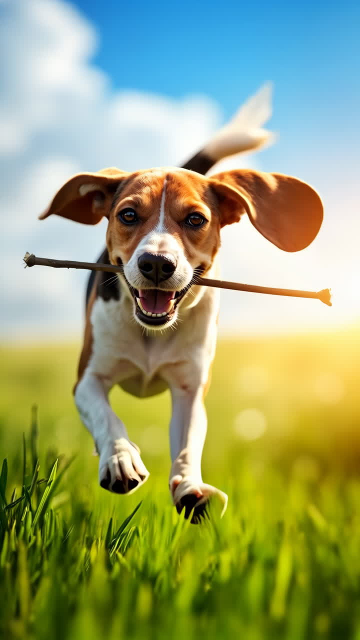 Happy Beagle Dog Running Through Grass with a Stick