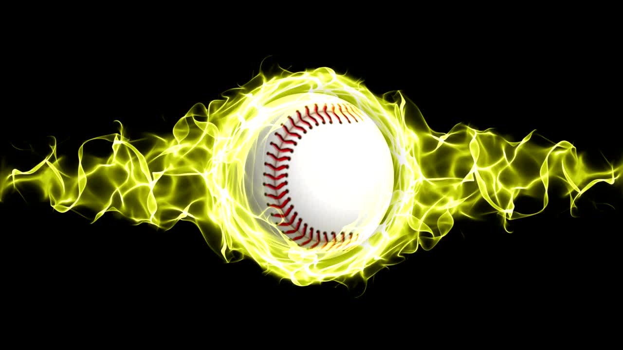 Palla da baseball in fiamme gialle con anello di particelle astratte, Animazione