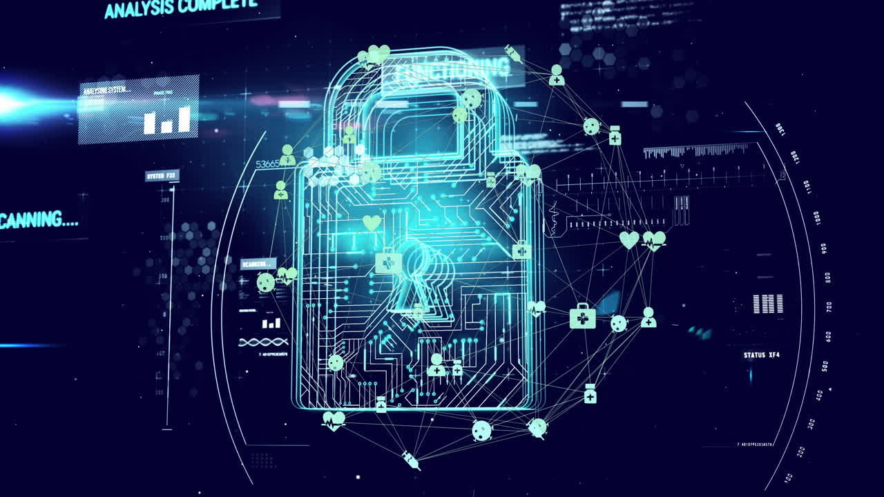 Digital lock and network security animation over abstract technological background