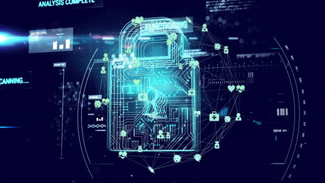 animación digital de seguridad de cerraduras y redes sobre un fondo tecnológico abstracto