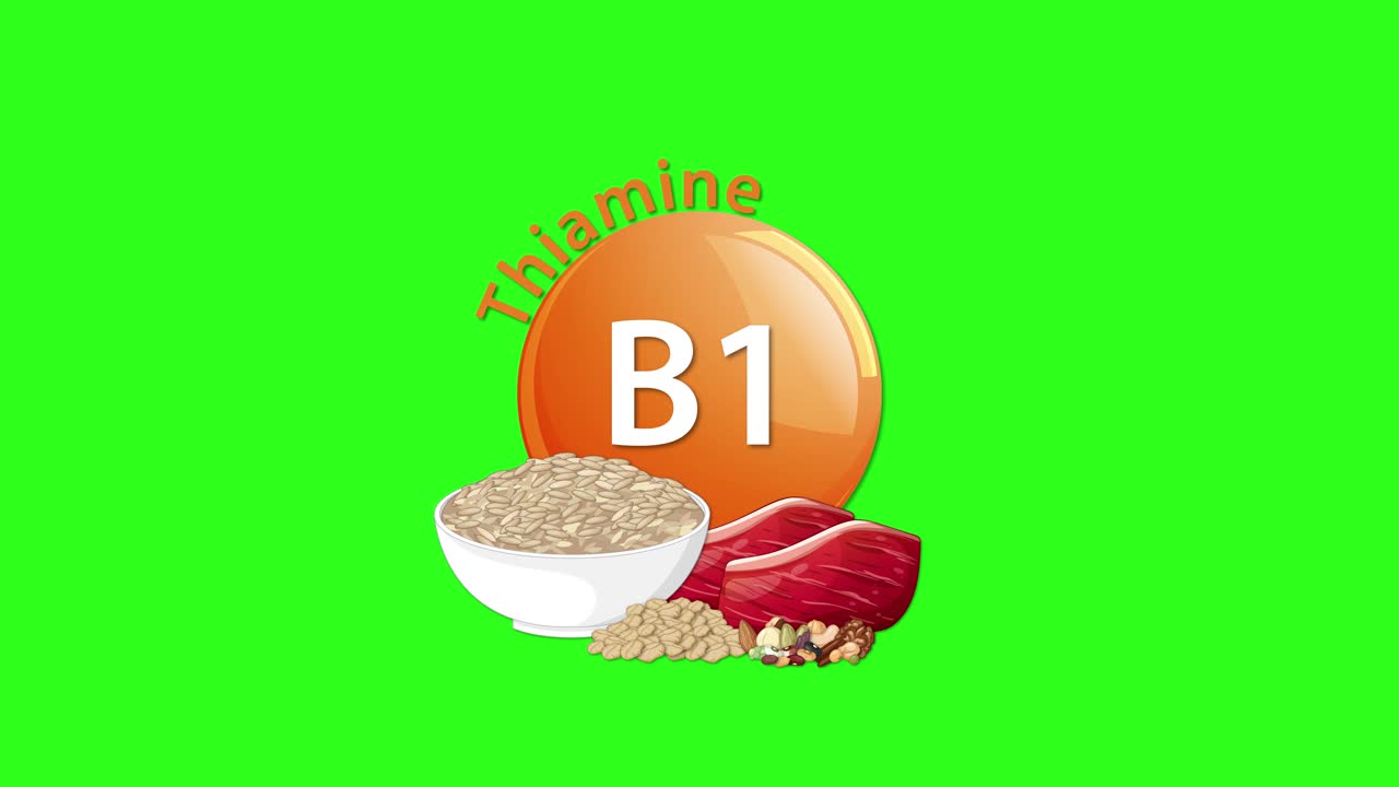 Vitamin B1 (Thiamine) icon animates in with rice, meat, and grains on a vibrant green background. Smooth transitions highlight nutrient-rich foods