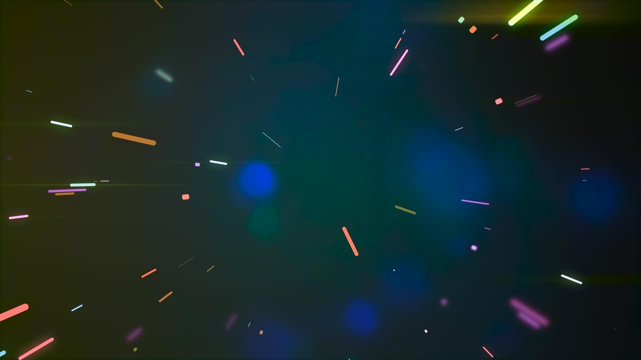 rayos de neón multicolores brillantes en movimiento de túnel con partículas bokeh translúcidas flotando alrededor.