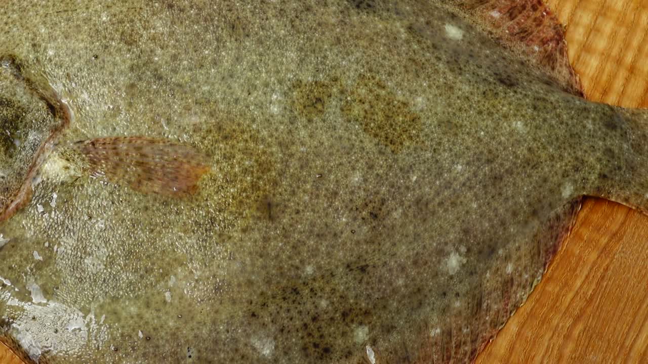 Peixe linguado numa tábua de corte. Filmagem em movimento.