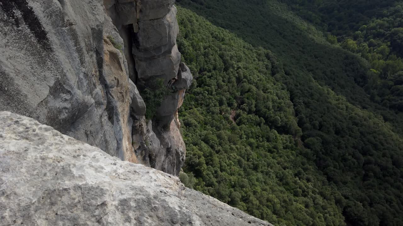 Stunning aerial perspective of a sheer rock cliff dropping into a deep, verdant valley covered with a dense forest. Sunlight and shadows play across the landscape, creating a dramatic effect