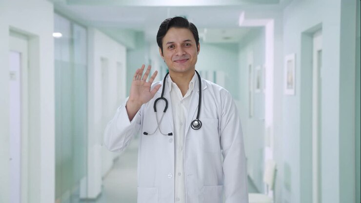 médico indio feliz diciendo hola