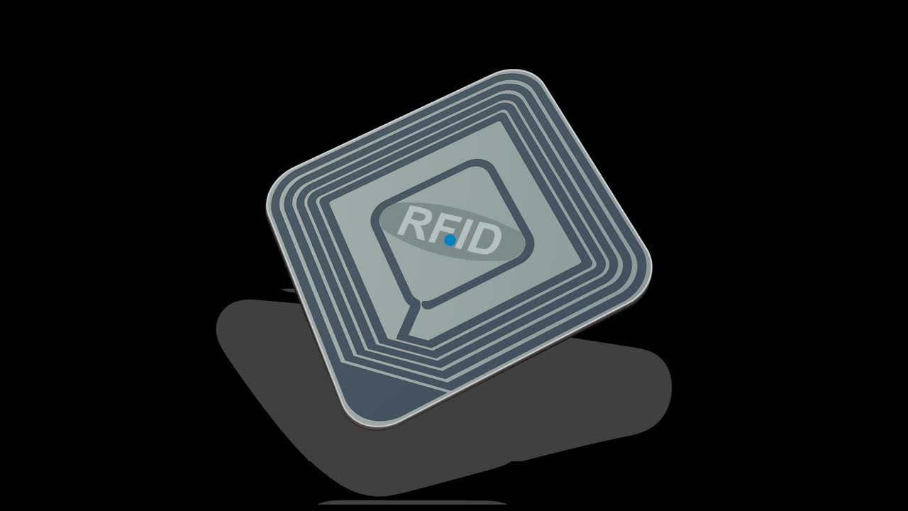 Animation loop of an RFID chip emitting waves on black background with shadow and alpha channel