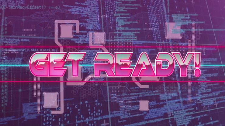 Animation of start text over neon metallic pink start on pink background