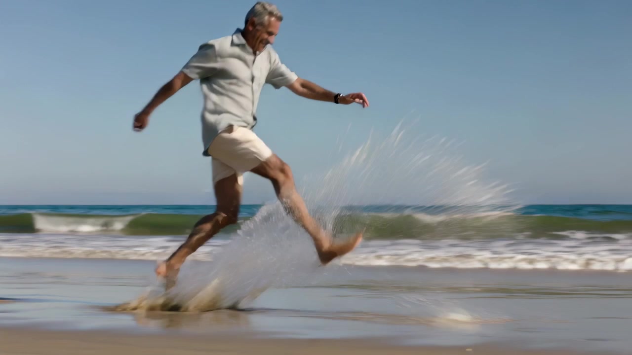 Un uomo anziano fa jogging in maglietta e pantaloncini chiari, correndo a piedi nudi lungo la sabbia bagnata e l'oceano, facendo esercizio.