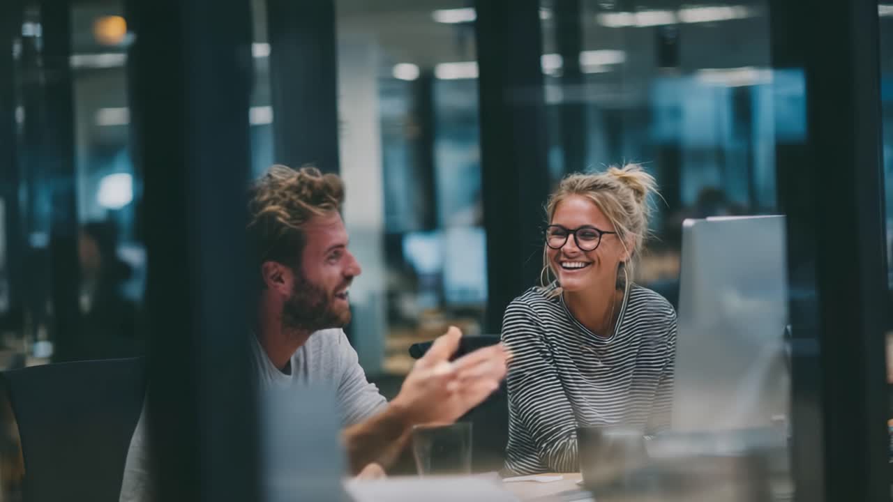 A Joyful Conversation Between Colleagues in a Modern Workspace, Highlighting Connection and Collaboration in a Professional Environment