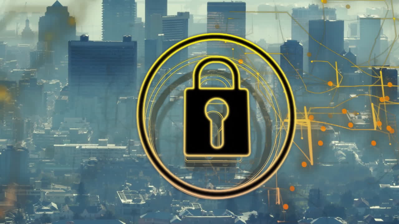 Animating lock icon over cityscape with skyscrapers in background
