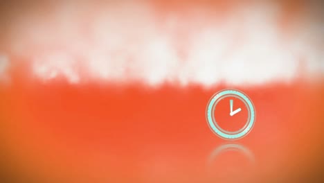 digital animation of neon digital clock ticking over smoke effect against orange background