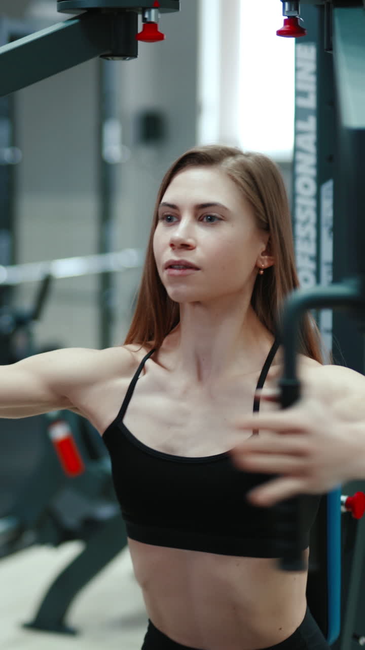A pretty woman with flowing hair is sitting and doing exercise for the chest in the gym. Professional equipment. Healthy lifestyle Vertical video