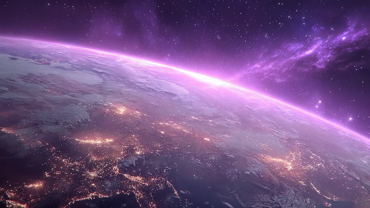 A Stunning View of Earth from Space with a Purple Cosmic Background, Highlighting City Lights and Stellar Phenomena in the Vast Universe Above