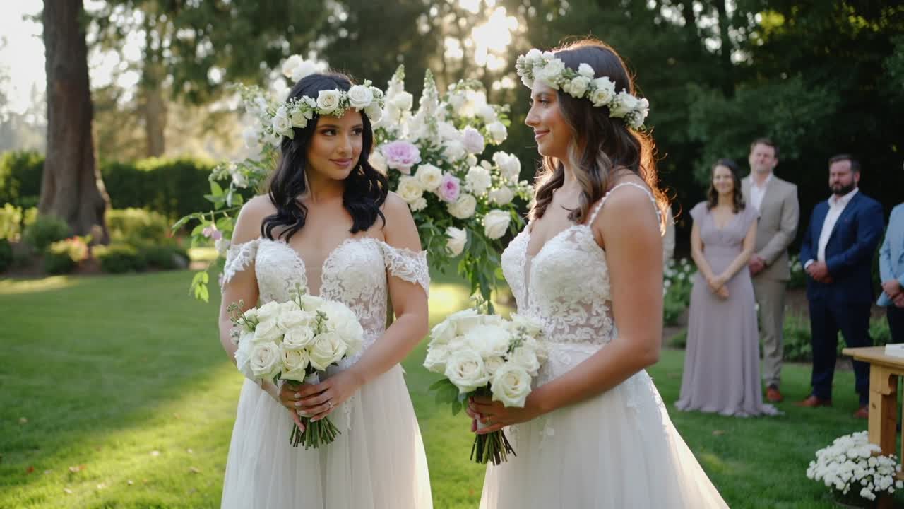Smiling brides responding to left gaze at lawn wedding in gowns holding roses wearing crowns