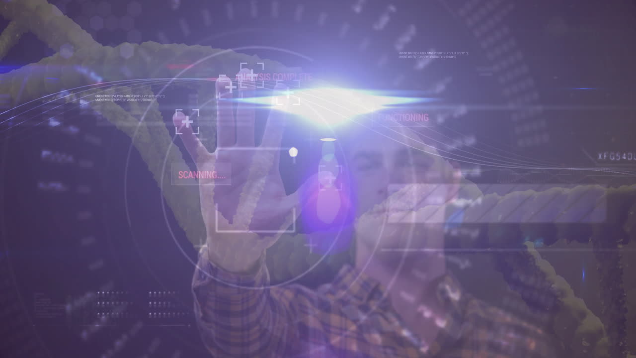 Interacting with futuristic touchscreen, man analyzing data with animation effects