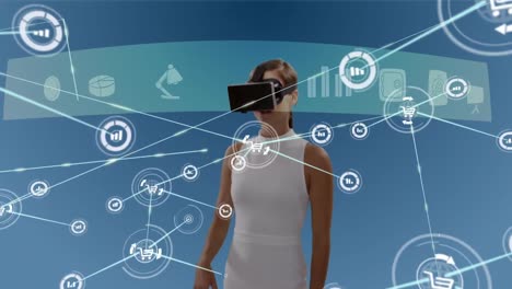 Animation of network of connections with icons over businesswoman wearing vr headset