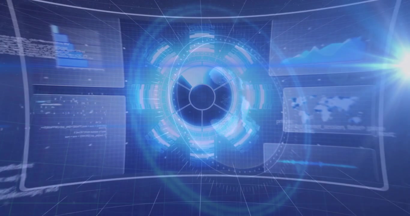 On start blue grid hologram ring emerging, code scrolling, panels forming around core for analytics