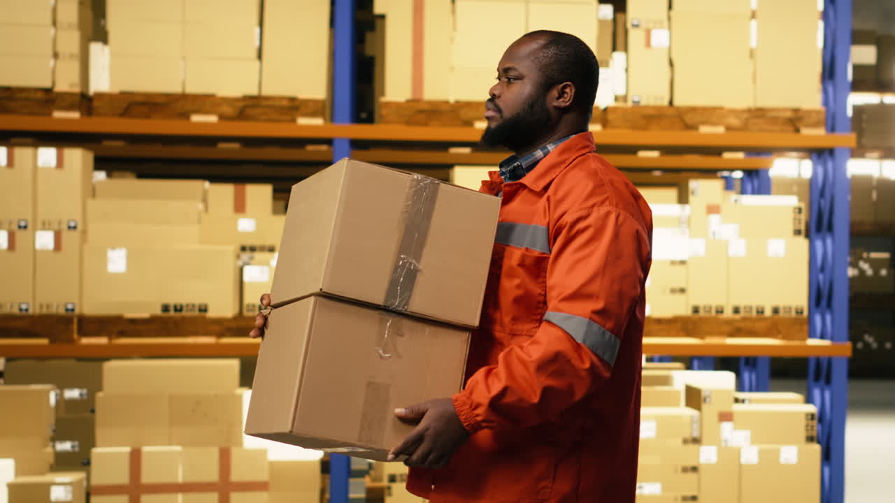 African american man employee coordinating cargo dispatch with safety vest
