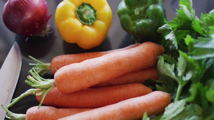 Shot of the vegetables and cutting board on the table
